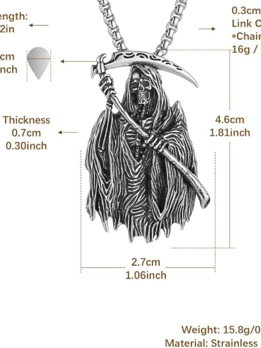 Santa Muerte Necklace for Men Stainless Steel Gothic Grim Reaper